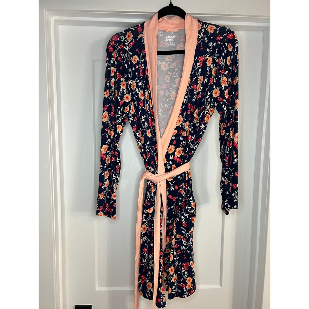 Lands End Womens XS Navy Peach Floral Long Sleeve Knit Robe Pockets Sleepwear